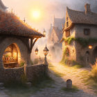 Medieval village at sunset: cobblestone streets, thatched houses, lanterns, bakery