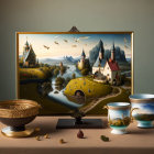 Surreal landscape painting with castles, church, cups, fork, and flowers on table