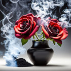 Red Roses in Black Vase with White Smoke on Grey Background