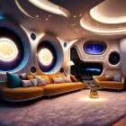 Modern spaceship interior with cozy seating, circular windows, ambient lighting, and futuristic decor.