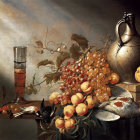 Classic Still-Life Painting with Vibrant Flowers, Green Apples, and Brass Tea Set