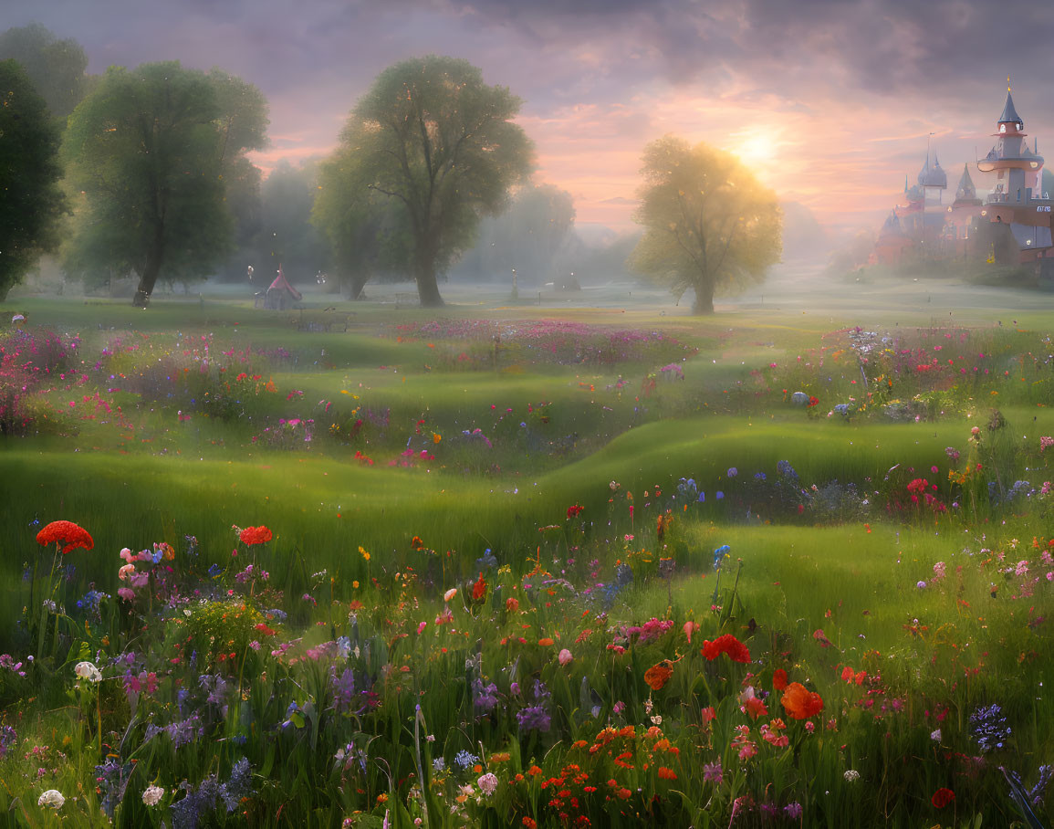 Tranquil sunrise landscape with wildflowers, hills, mist, trees, and castle