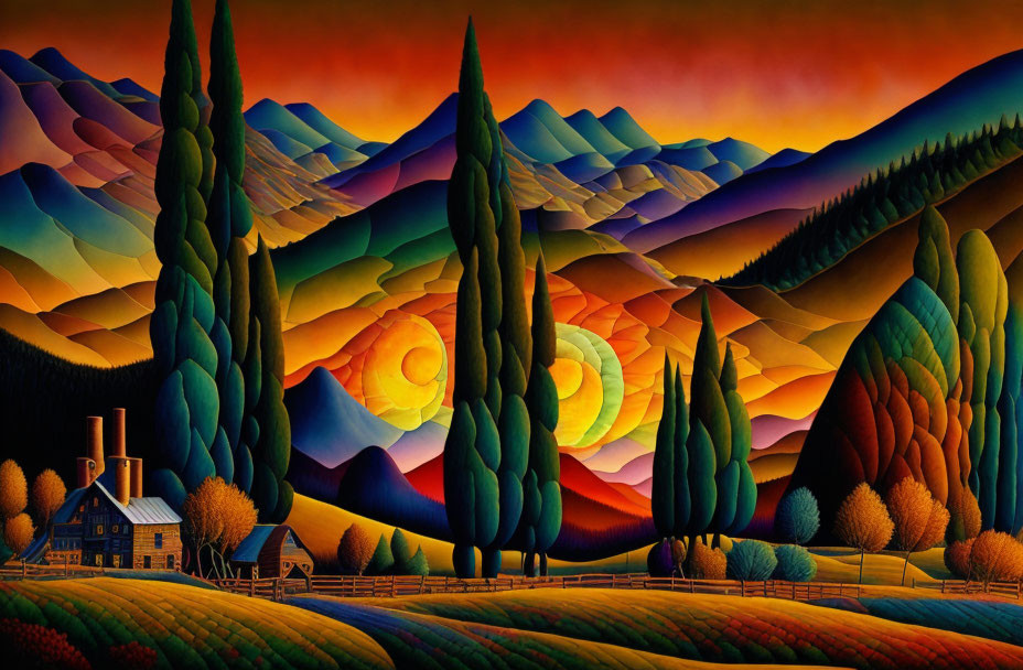 Colorful landscape painting with rolling hills, cypress trees, cottage, and swirling patterns.