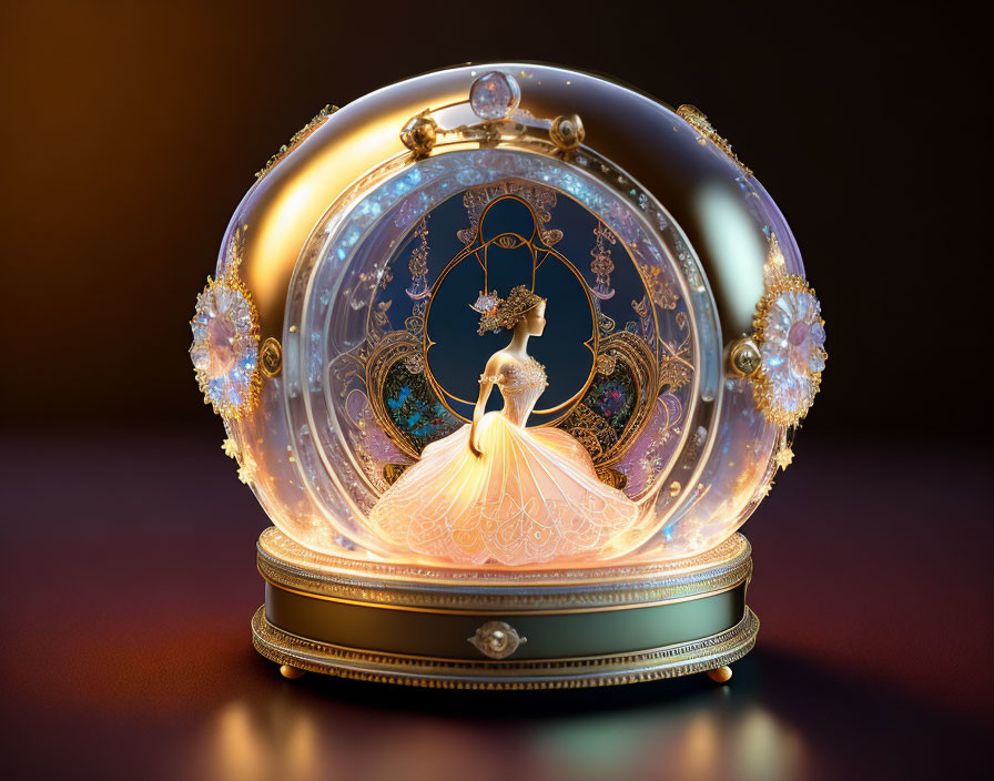 Glass snow globe with woman figure in dress and gold accents on dark backdrop