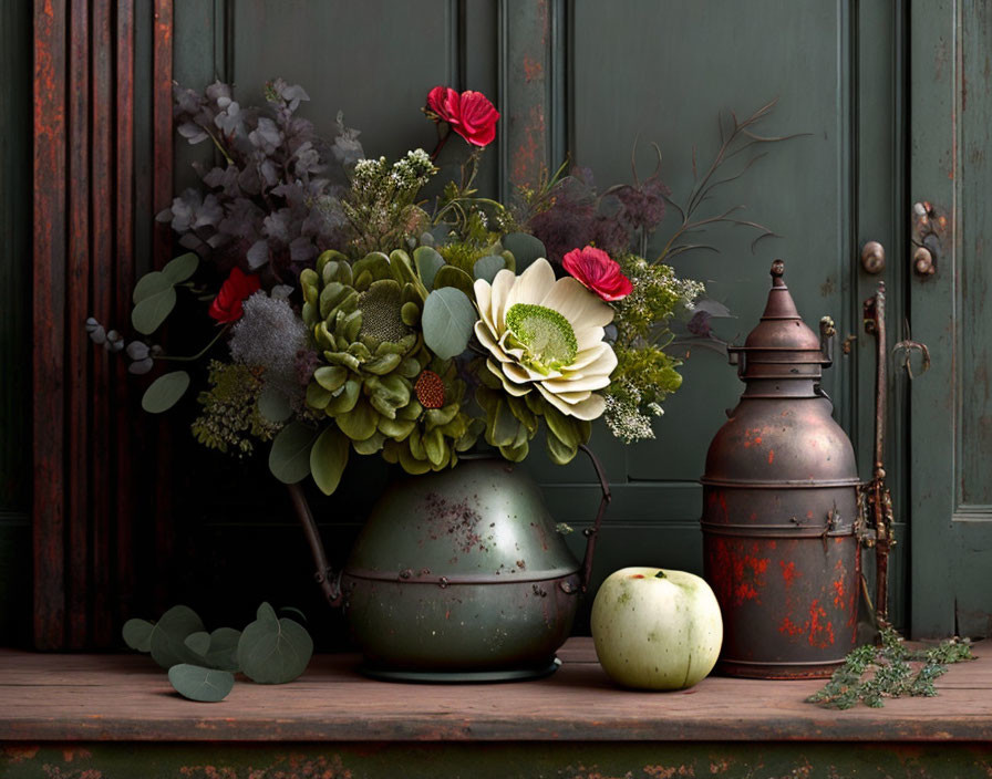 Vintage still life with red roses, green blooms, copper kettle, and wooden surface