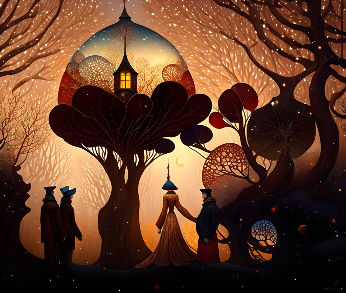 Silhouetted figures under whimsical tree in cosmic setting with lantern-lit structure