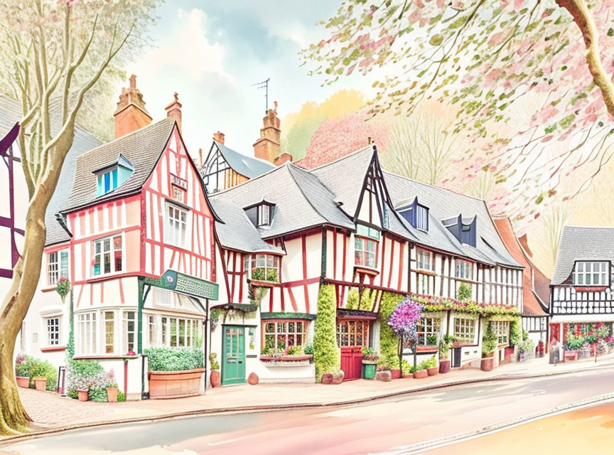 Charming half-timbered houses in serene European village landscape