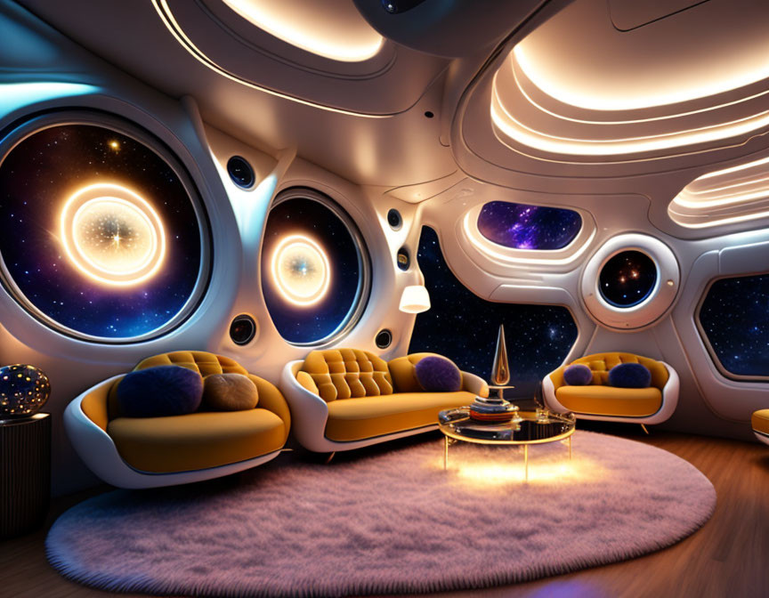 Modern spaceship interior with cozy seating, circular windows, ambient lighting, and futuristic decor.