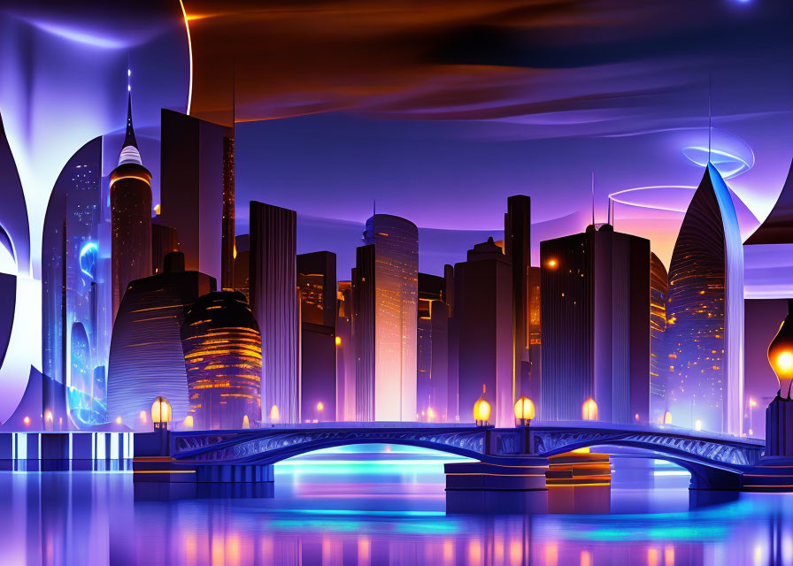 Futuristic cityscape at dusk with neon lights and skyscrapers