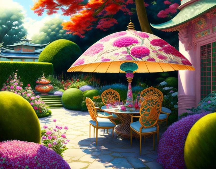 Colorful garden scene with floral parasol, table, chairs, lush greenery, and blooming