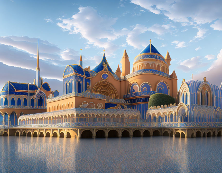 Fantasy palace with blue, golden domes, arches, and bridge over water.