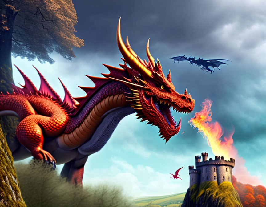 Red Dragon Breathing Fire on Cliff with Castle and Flying Dragons