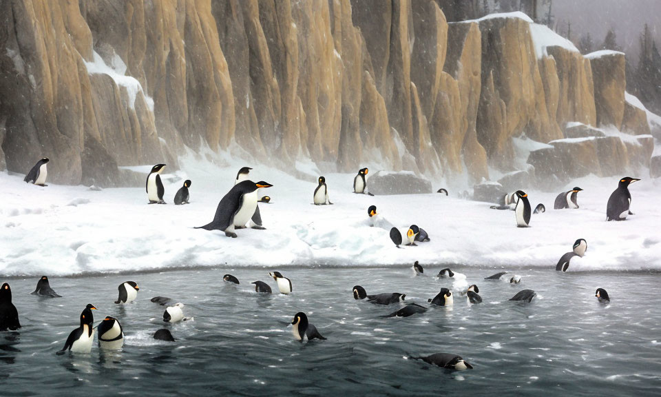 Penguins on Snow and Swimming by Water's Edge