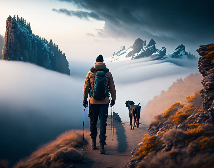 Hiker with backpack and dog on mountain path above clouds at dawn or dusk