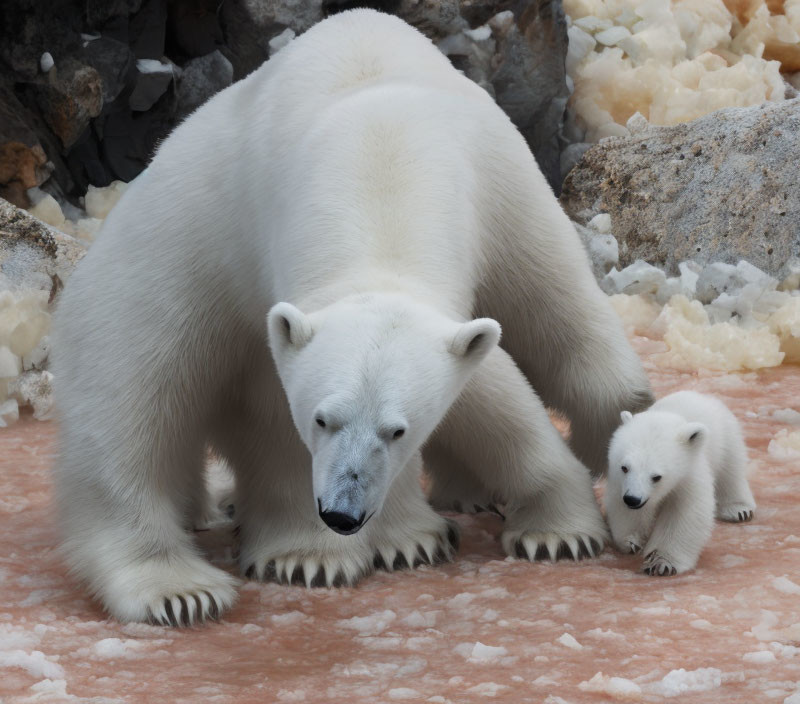 Polar bear and cub on pink-tinged icy terrain