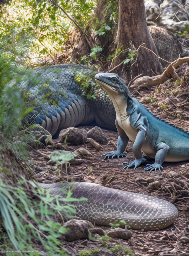 Blue iguana-like creature with long tail in dense forest