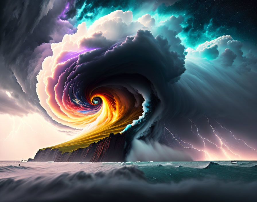 Gigantic wave spiraling into colorful vortex above ocean