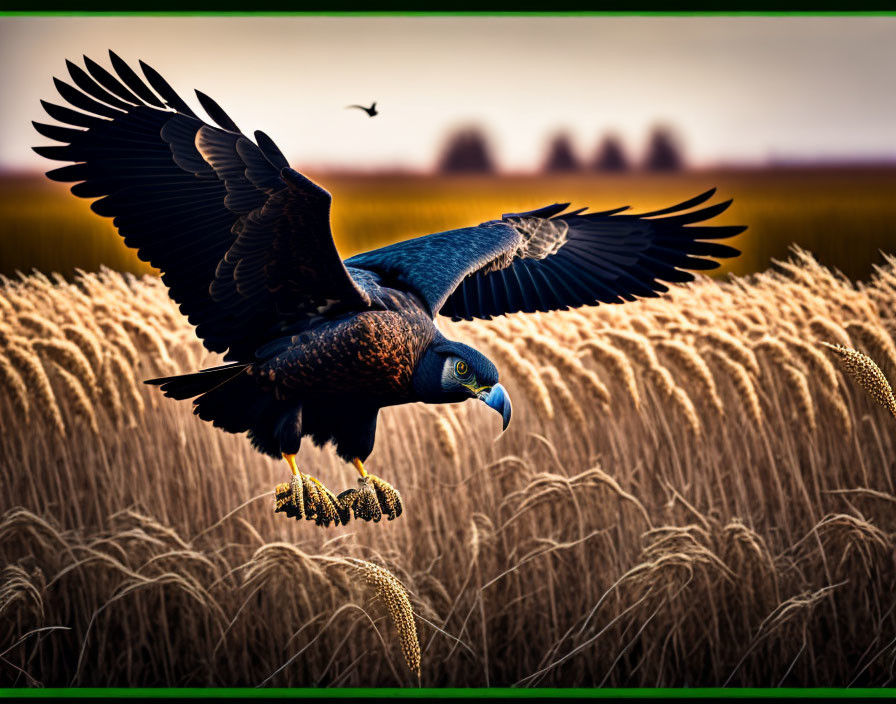 Majestic eagle flying over golden field at dusk