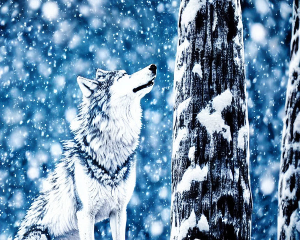 Snow-covered tree and howling wolf in wintry landscape