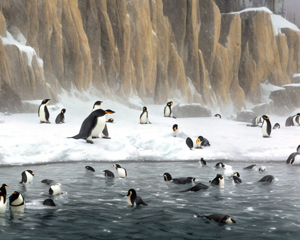 Penguins on Snow and Swimming by Water's Edge