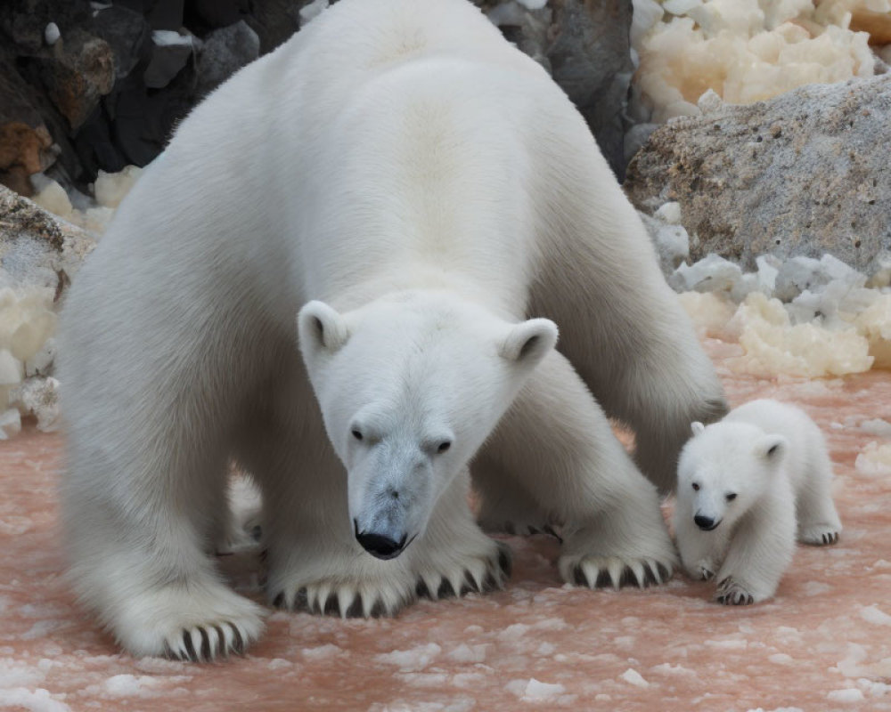 Polar bear and cub on pink-tinged icy terrain