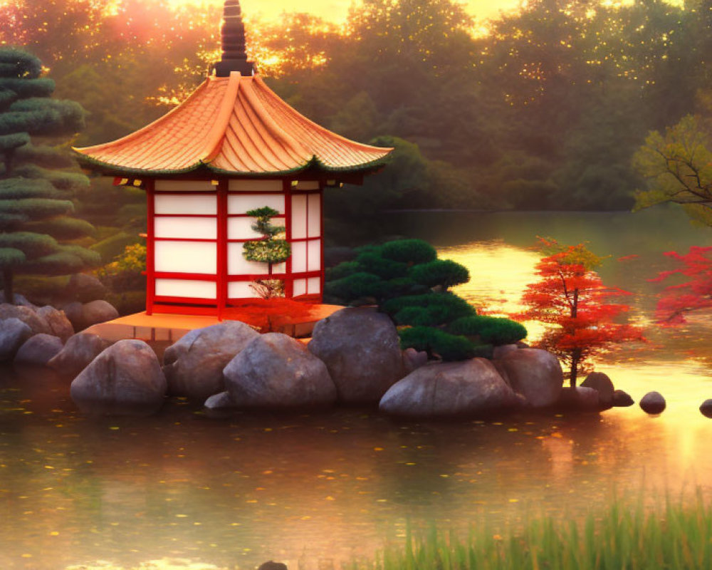 Tranquil Japanese garden with red pagoda, trimmed trees, rocks, and serene pond at sunset