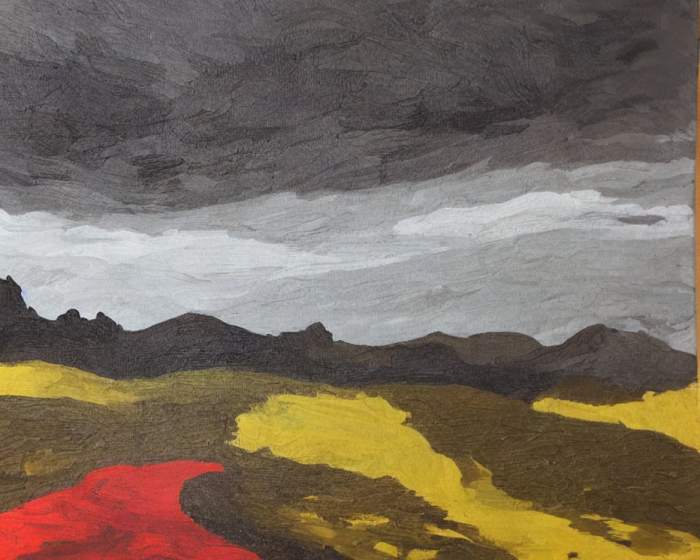 Dramatic landscape painting with dark clouds, rolling hills, and striking red contrast.