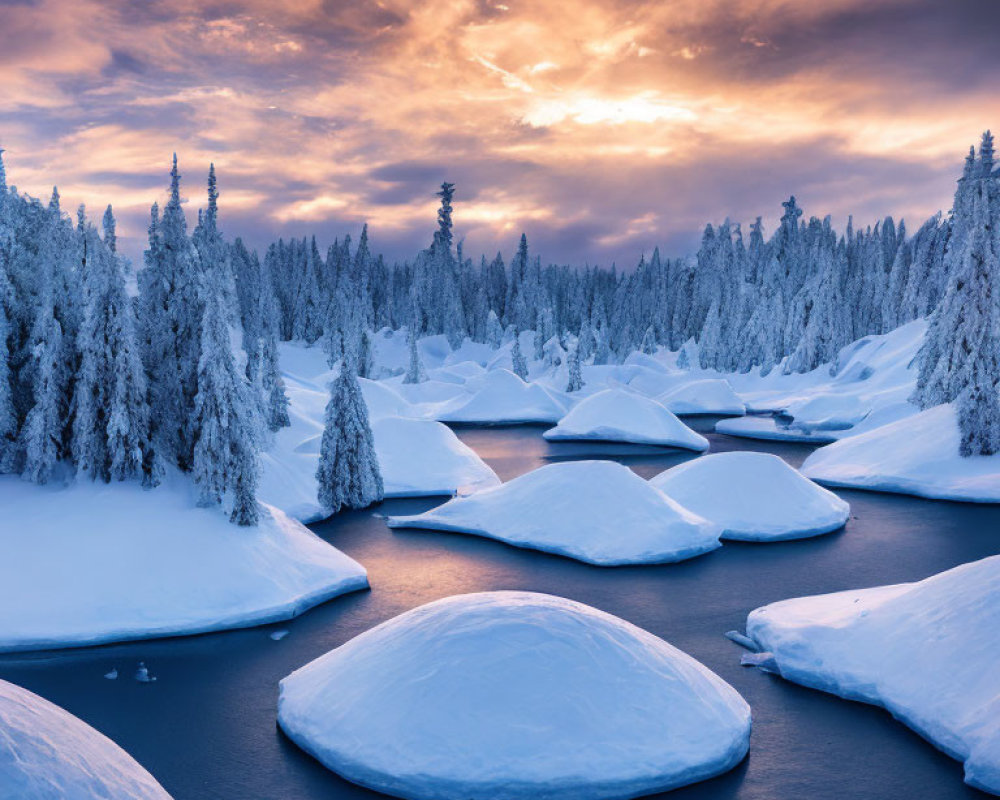 Snowy Sunset Landscape with Snow-Covered Trees and Warm Glow