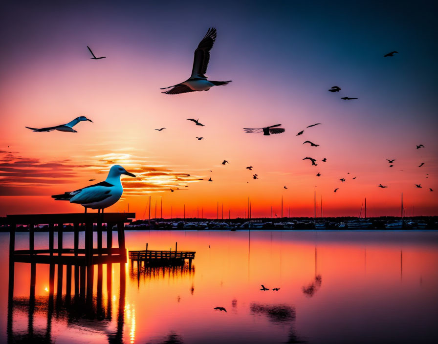 Tranquil sunset scene: seagulls, vibrant skies, silhouettes of pier and boats