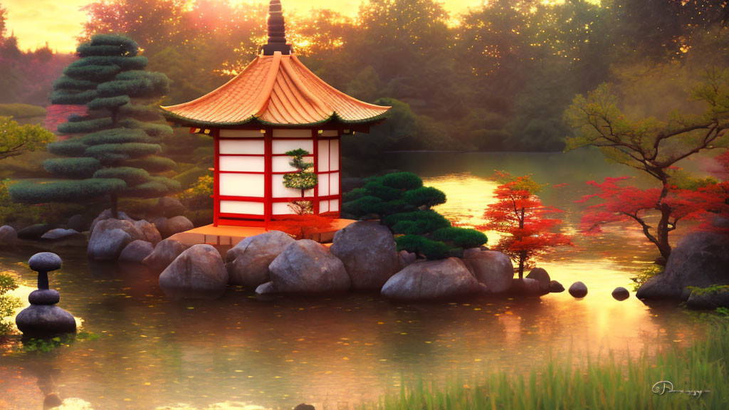 Tranquil Japanese garden with red pagoda, trimmed trees, rocks, and serene pond at sunset