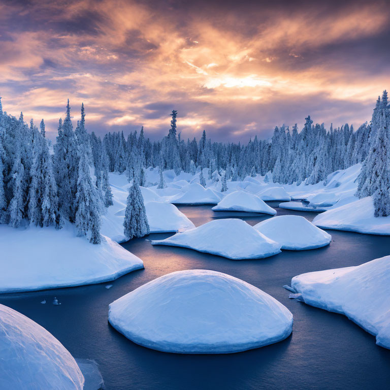 Snowy Sunset Landscape with Snow-Covered Trees and Warm Glow