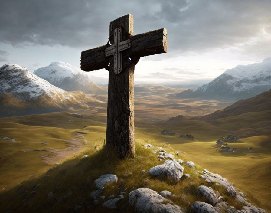 Wooden cross on grassy hill with valley, mountains, and dramatic sky.