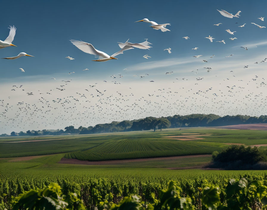 Birds flying over picturesque agricultural landscape under clear blue sky