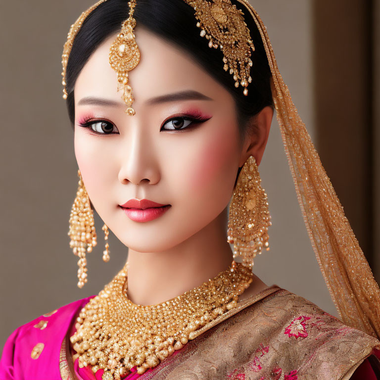 South Asian bride in pink attire with elaborate gold jewelry and intricate makeup