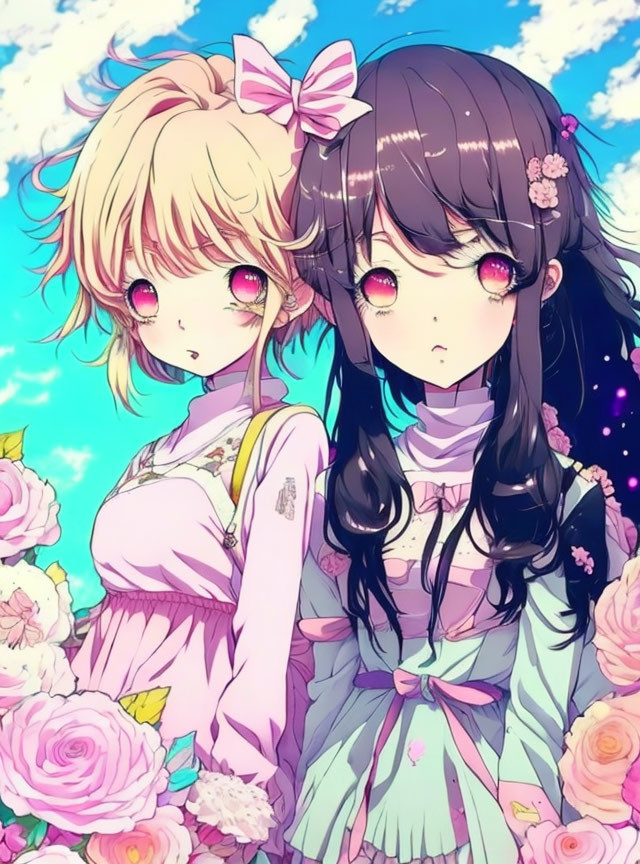 Blonde and dark-haired anime girls among flowers on blue sky