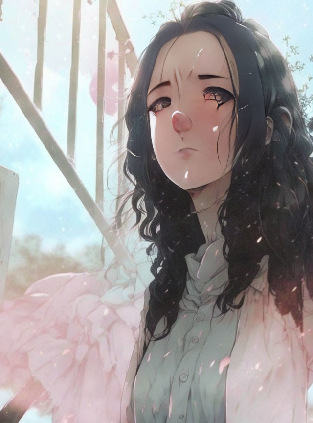 Animated girl with long black hair in pensive mood under falling cherry blossoms