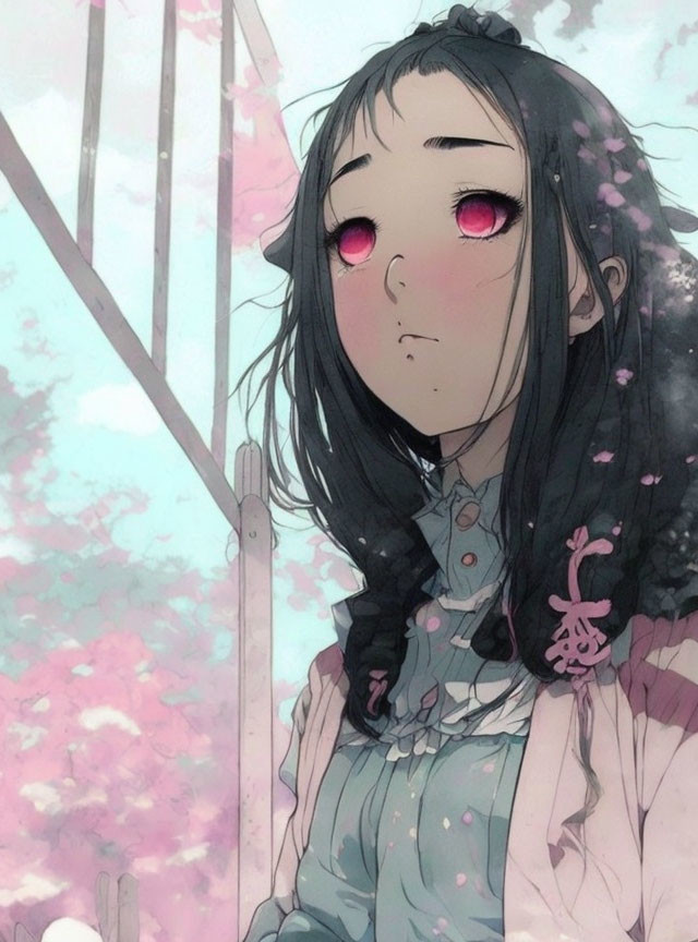 Melancholic anime girl with braided hair in traditional outfit on pink floral backdrop