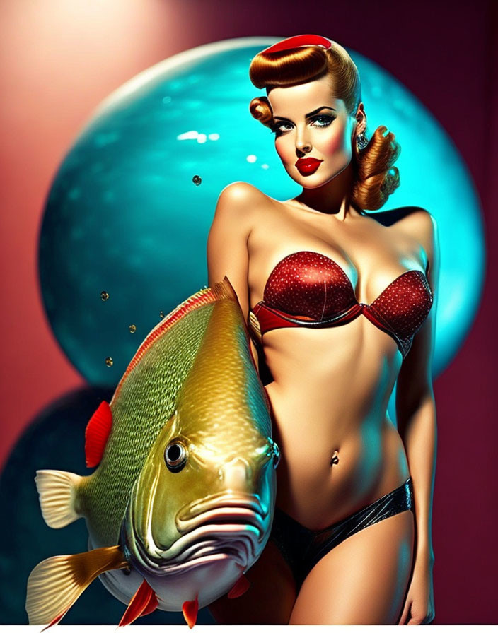 Vintage 1950s-inspired woman with fish and teal globe illustration