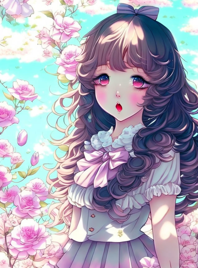 Curly Brown-Haired Anime Girl in Frilly Dress on Floral Background