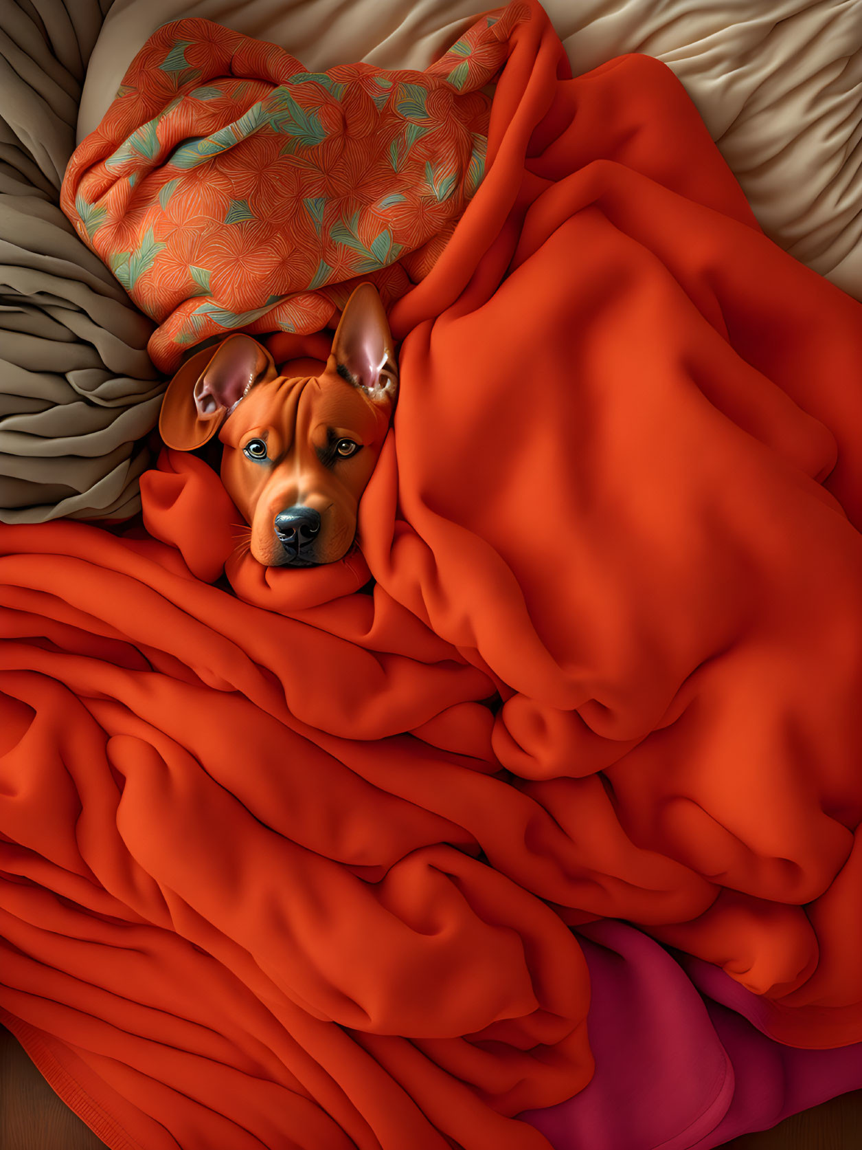 Brown dog with perked-up ears in bright orange blankets