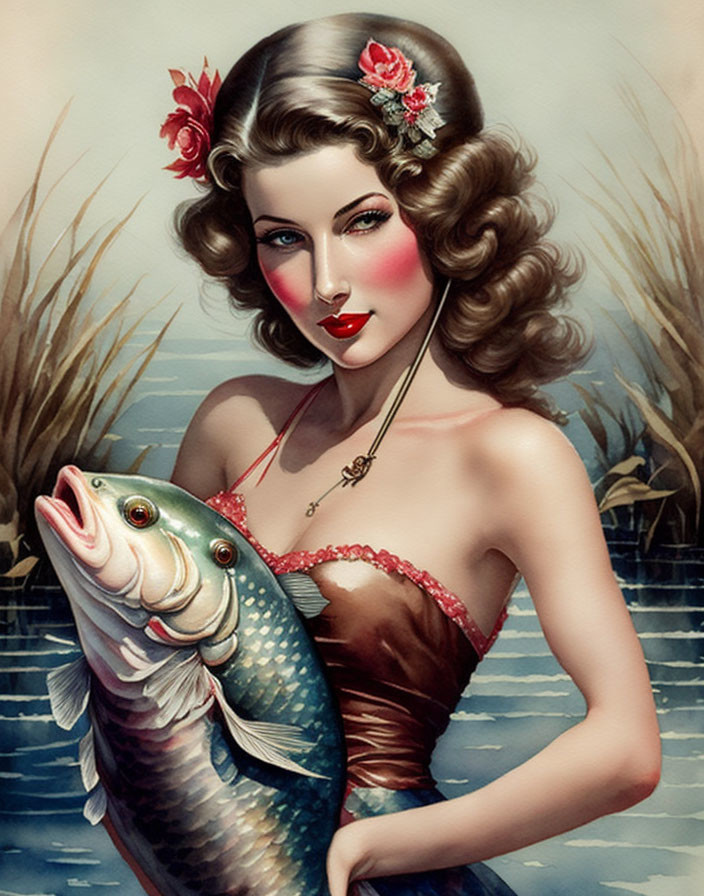 Vintage-style illustration: Woman with wavy hair, red flower, holding fish, reeds in background