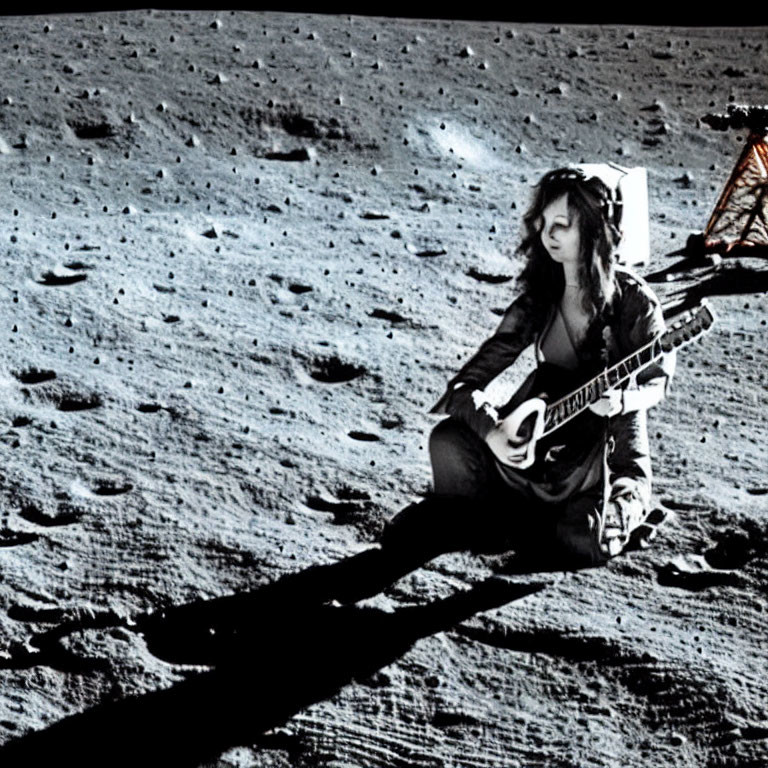 Person playing guitar on lunar surface with space lander in background