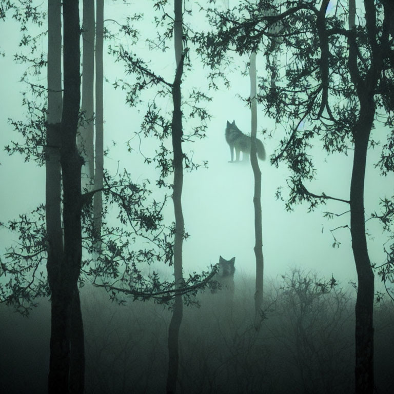 Misty forest scene with two wolves silhouettes among trees