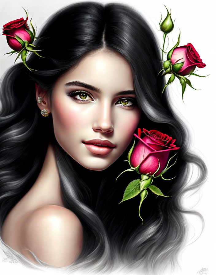 Illustration of woman with long wavy hair and red roses, green eyes.