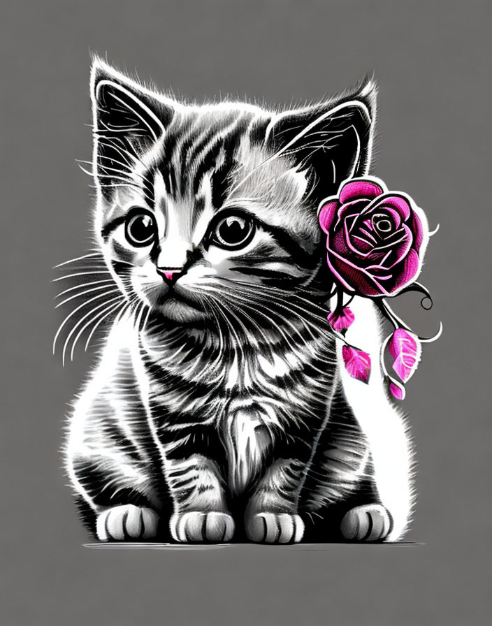 Detailed black & white kitten illustration beside pink rose with feathers