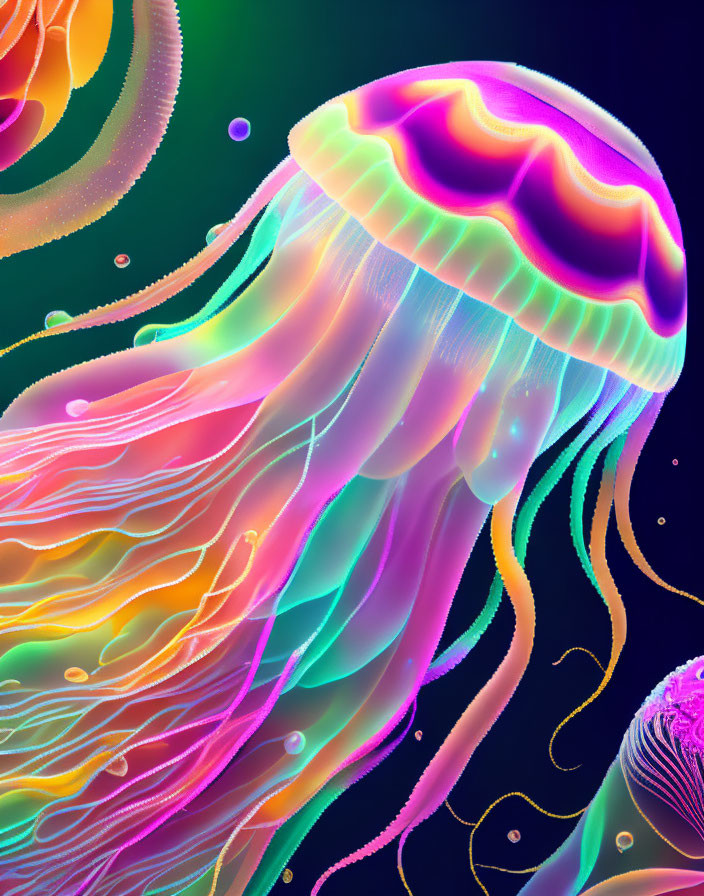 Neon-colored digital jellyfish illustration on dark background