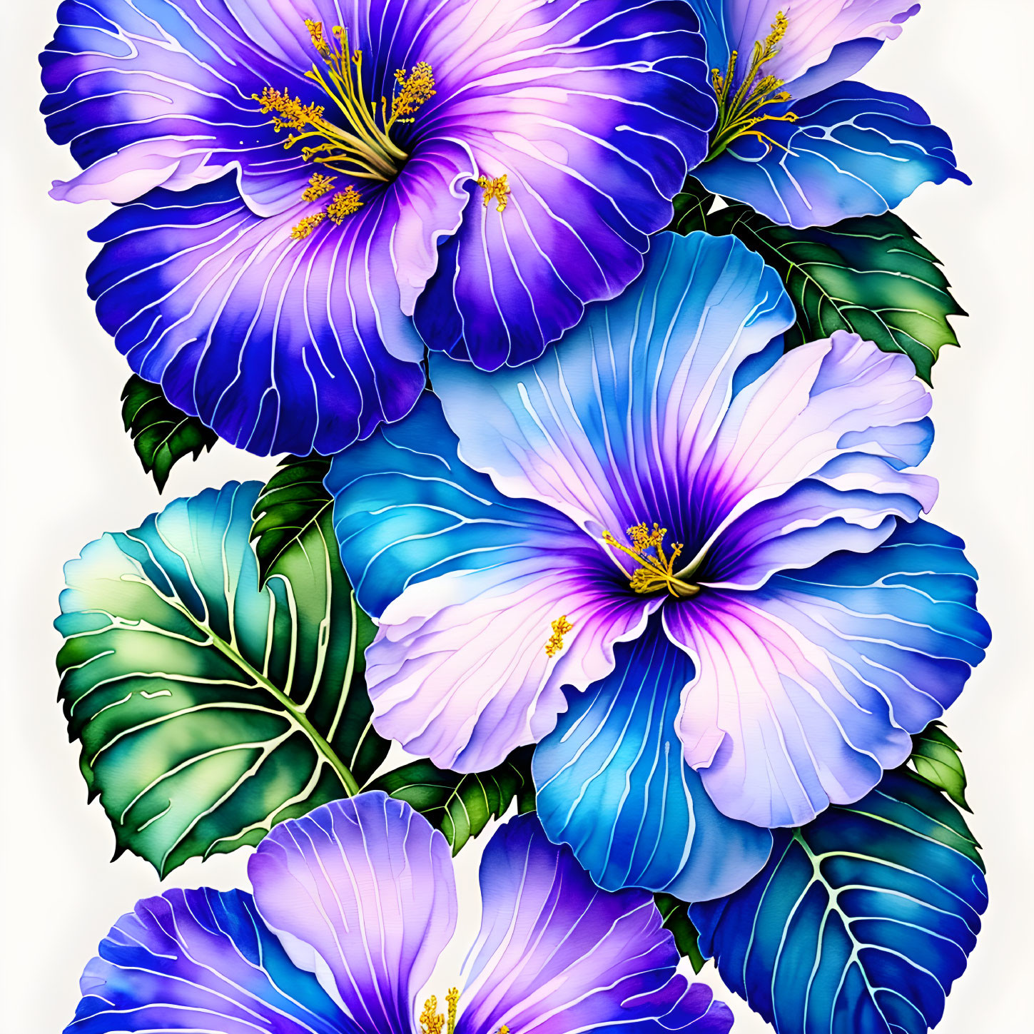 Colorful Blue and Purple Flowers with Yellow Stamens on White Background