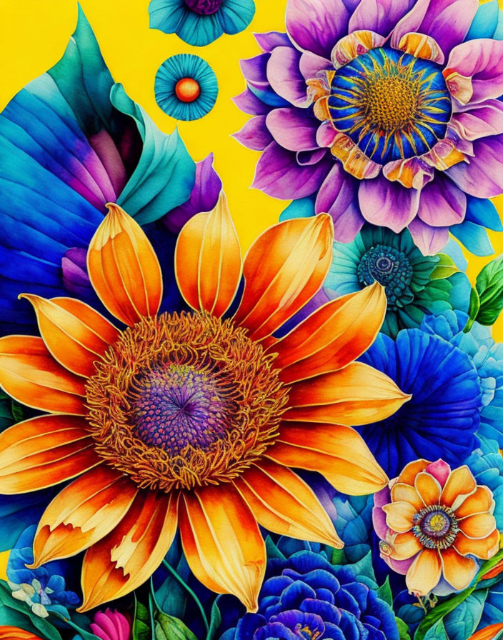 Assorted Flowers: Large Sunflower, Purple Blooms, Blue Petals