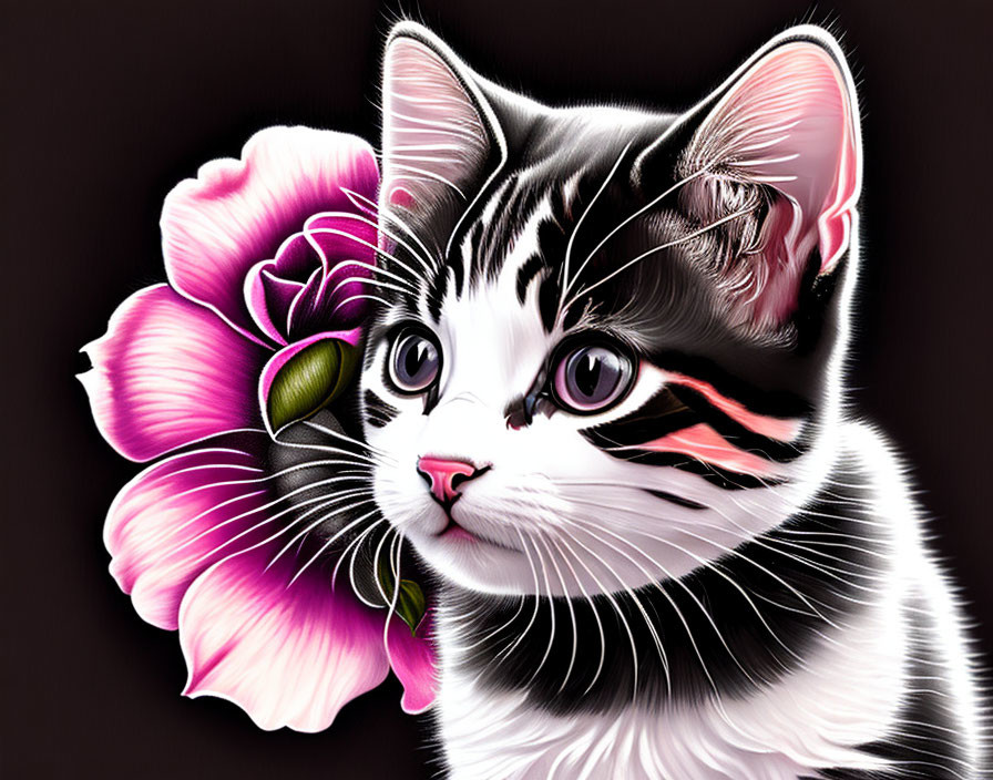 Monochrome kitten with pink nose and flower on dark backdrop