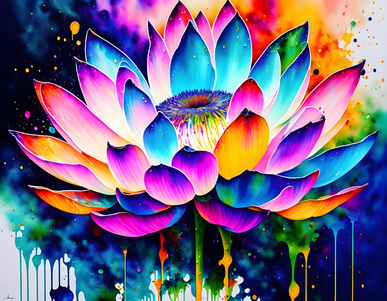 Colorful Stylized Lotus Flower Illustration on Paint Splatter Background